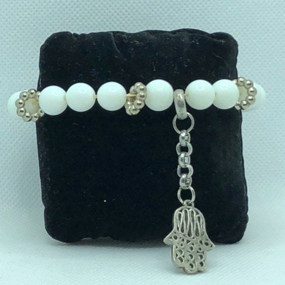 Hamsa Hand Beaded Charm Stretch Bracelet White & Silver Tone